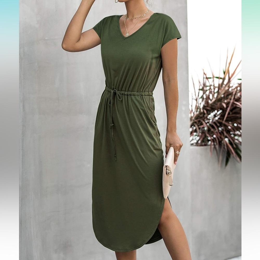 NWT! V-Neck Split-Side Drawstring Midi Dress